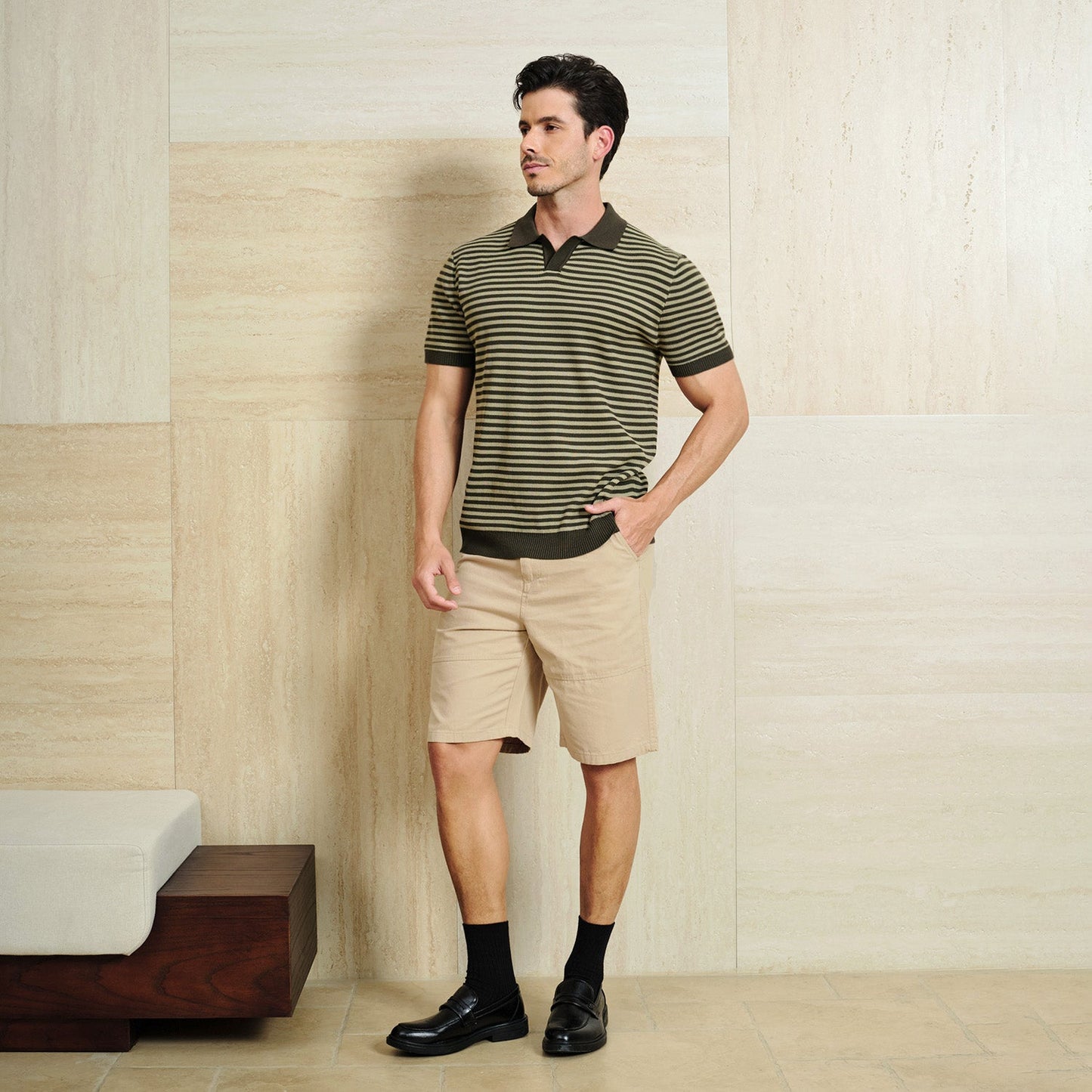 Klassisk Passform Randig Textur Stickad Polo T-shirt