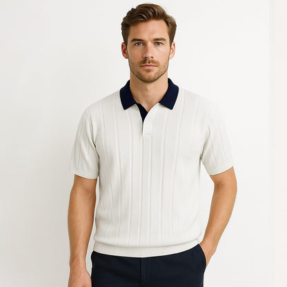 Vertikal Ribbad Stickad Polo T-shirt