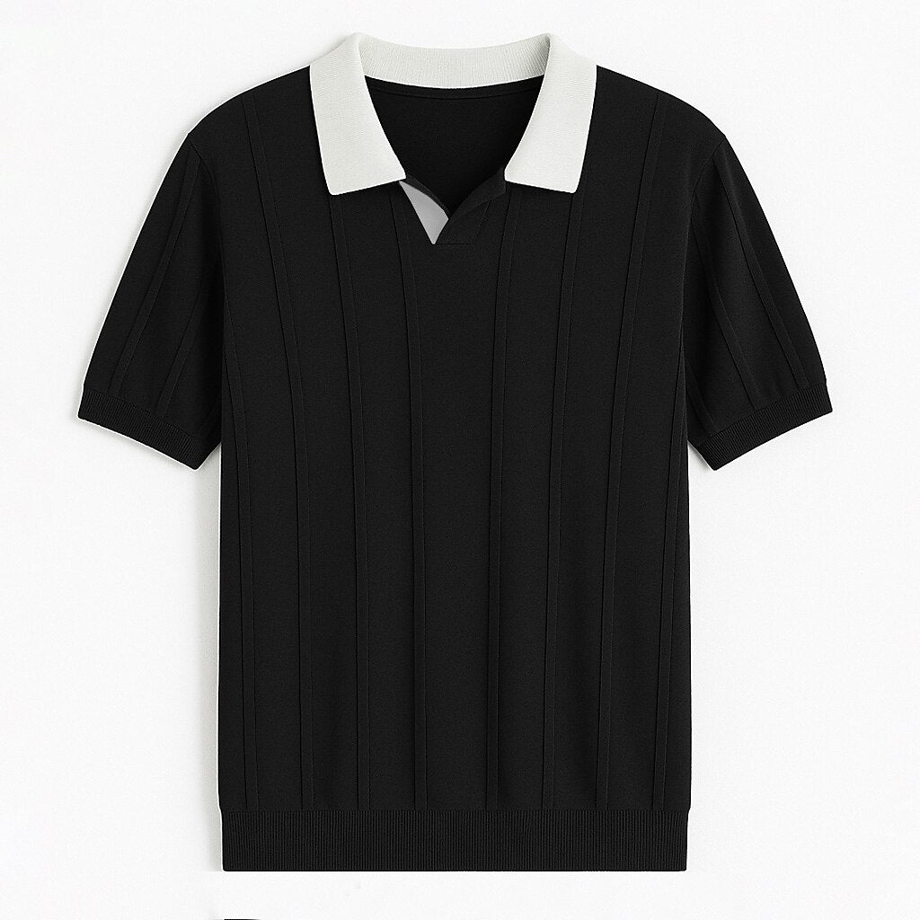 Vertikal Ribbad Stickad Polo T-shirt