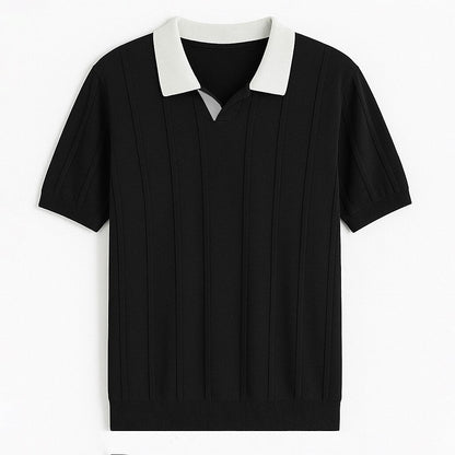 Vertikal Ribbad Stickad Polo T-shirt