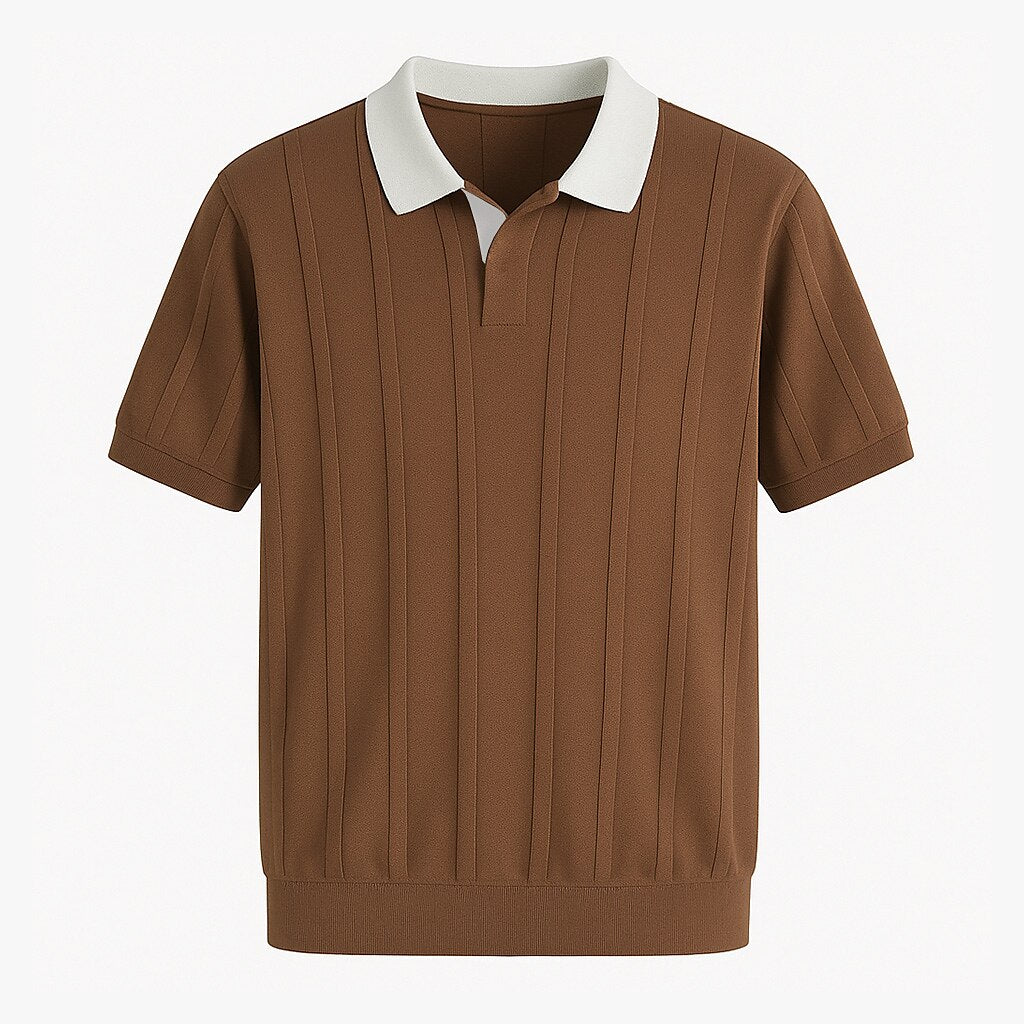 Vertikal Ribbad Stickad Polo T-shirt