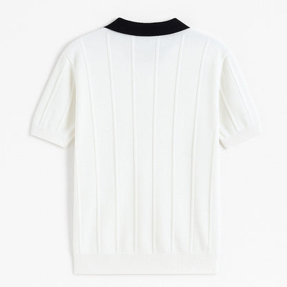Vertikal Ribbad Stickad Polo T-shirt