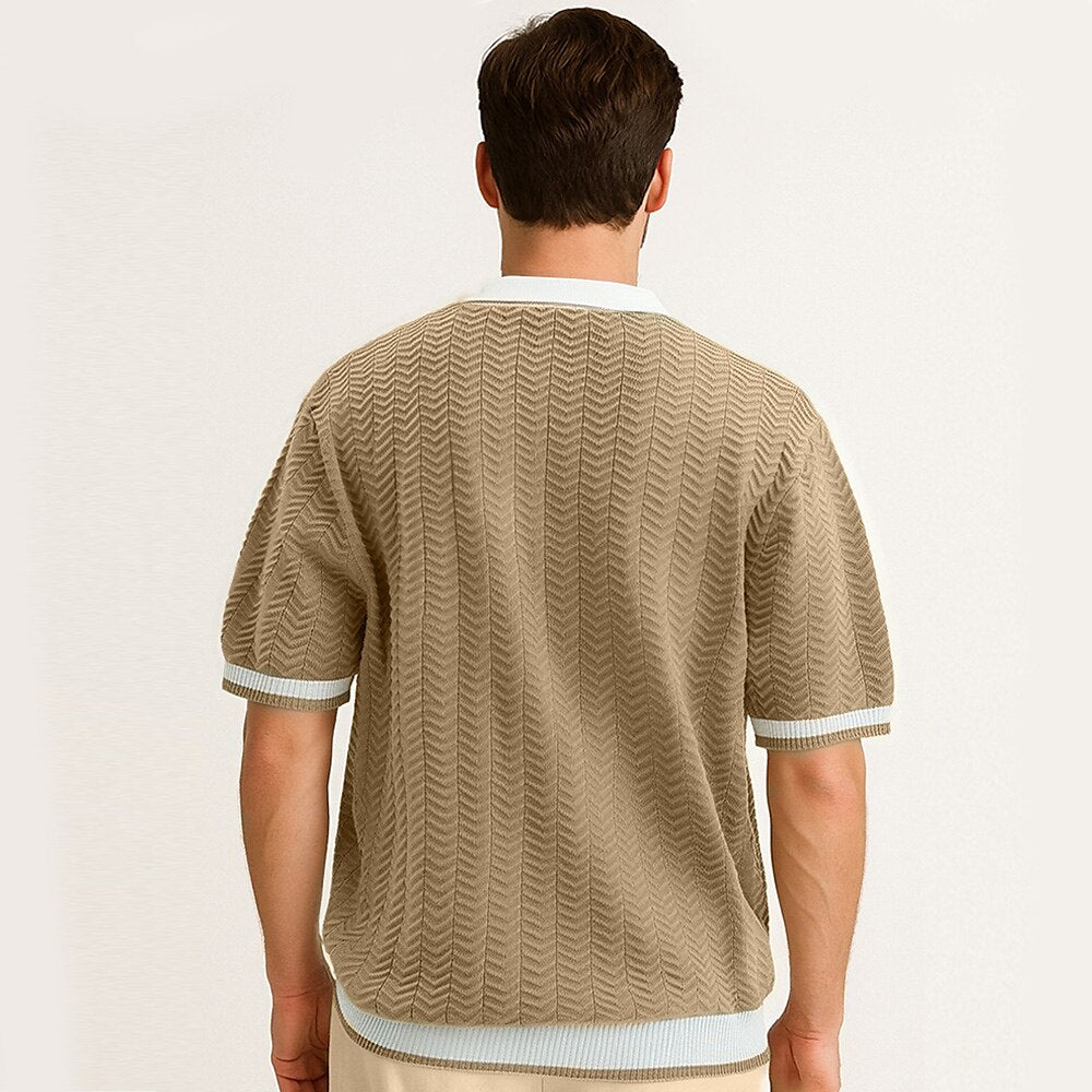 Marinblå Texturerad Jacquard Polo T-shirt