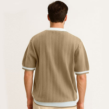 Marinblå Texturerad Jacquard Polo T-shirt