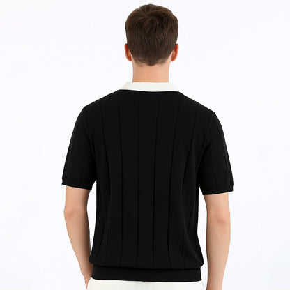 Vertikal Ribbad Stickad Polo T-shirt