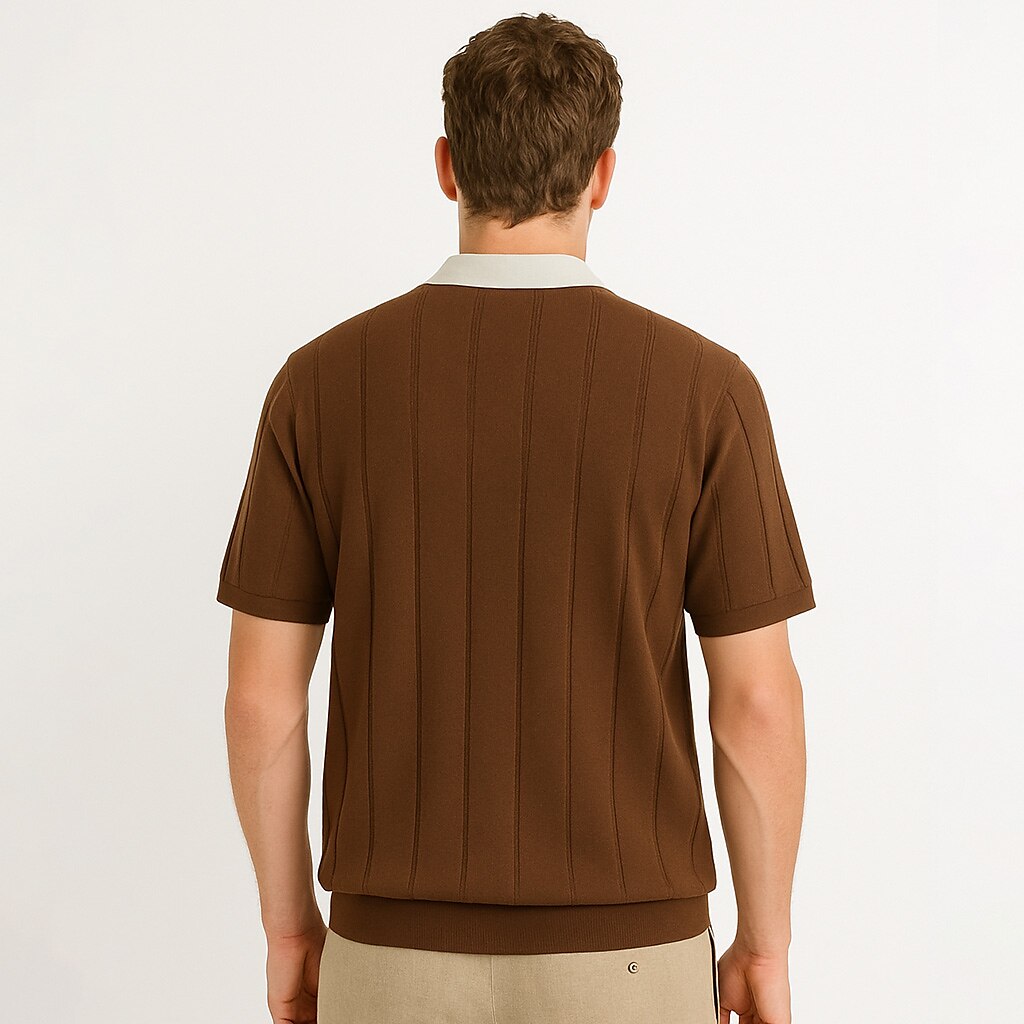 Vertikal Ribbad Stickad Polo T-shirt