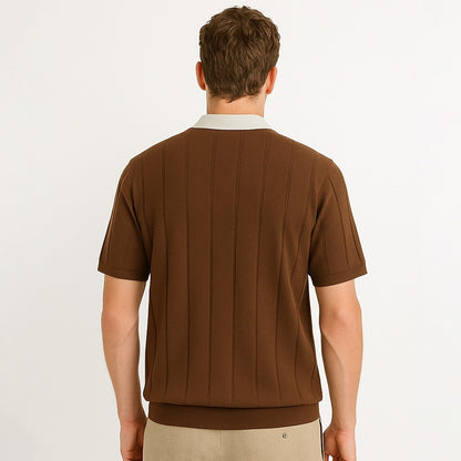 Vertikal Ribbad Stickad Polo T-shirt