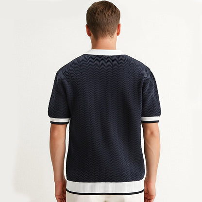 Marinblå Texturerad Jacquard Polo T-shirt