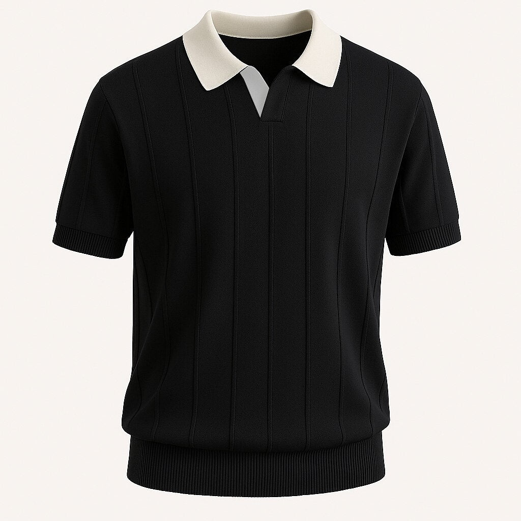 Vertikal Ribbad Stickad Polo T-shirt
