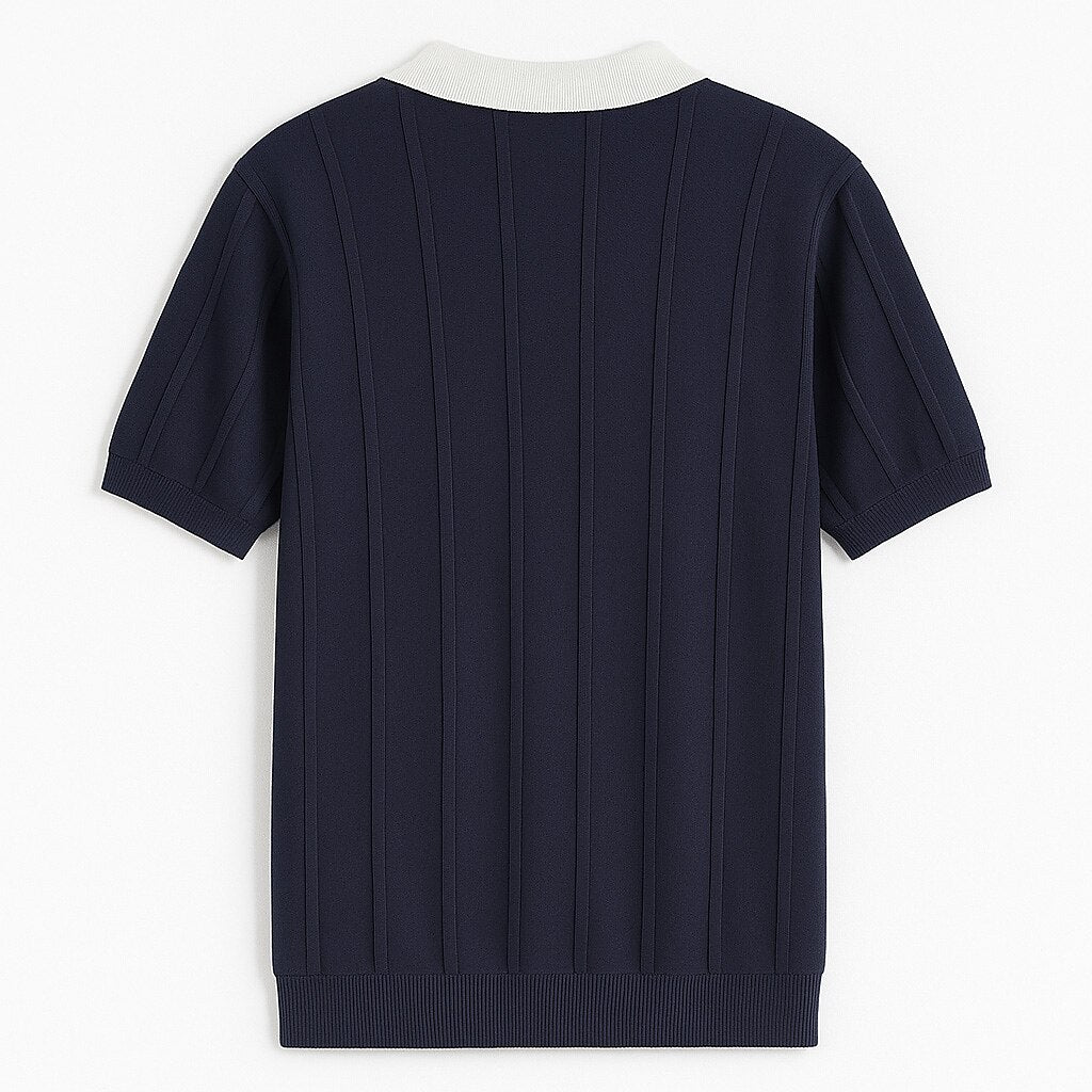 Vertikal Ribbad Stickad Polo T-shirt