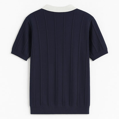 Vertikal Ribbad Stickad Polo T-shirt