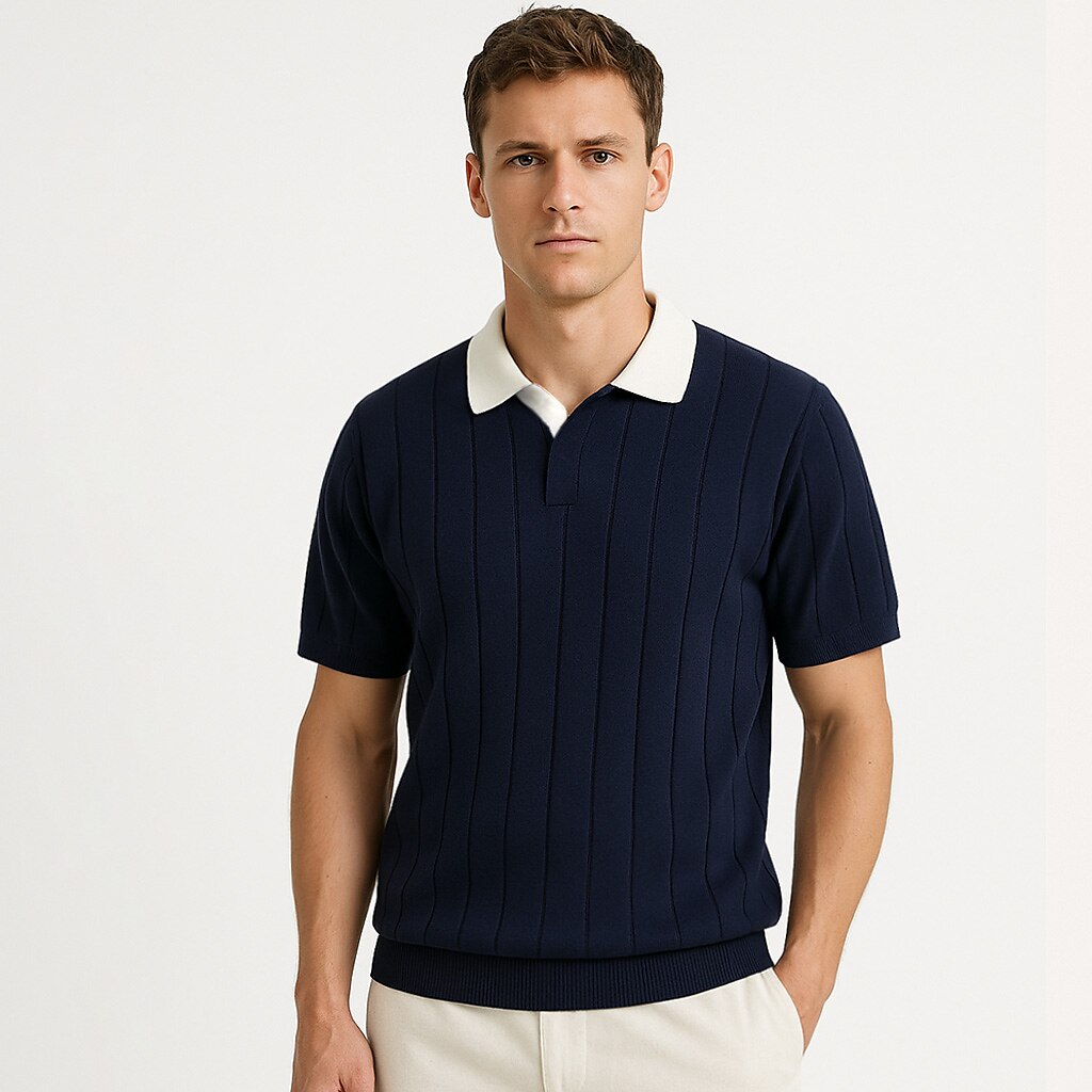 Vertikal Ribbad Stickad Polo T-shirt
