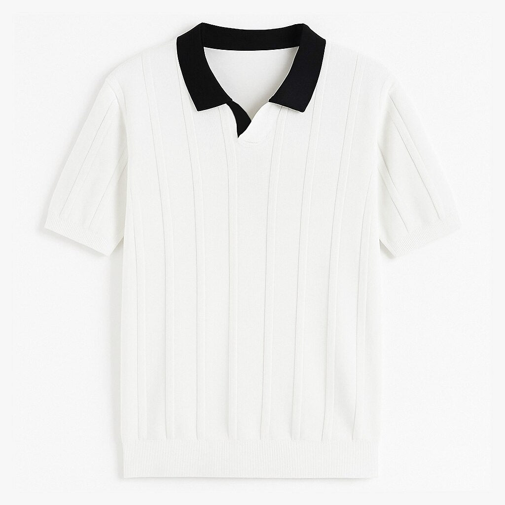 Vertikal Ribbad Stickad Polo T-shirt