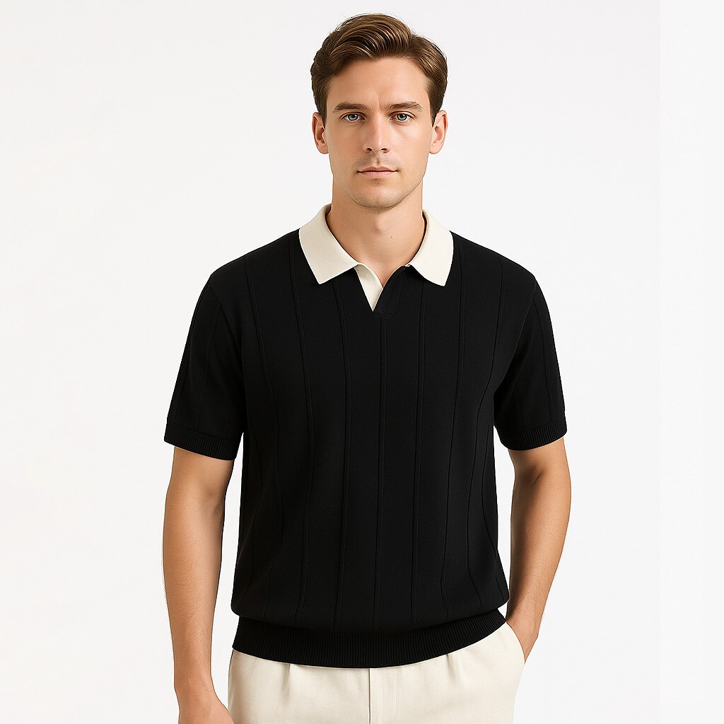 Vertikal Ribbad Stickad Polo T-shirt