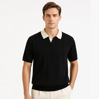 Vertikal Ribbad Stickad Polo T-shirt