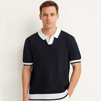 Marinblå Texturerad Jacquard Polo T-shirt