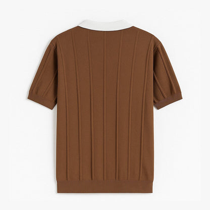 Vertikal Ribbad Stickad Polo T-shirt