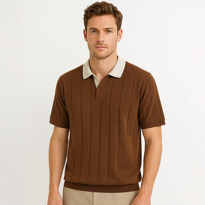Vertikal Ribbad Stickad Polo T-shirt