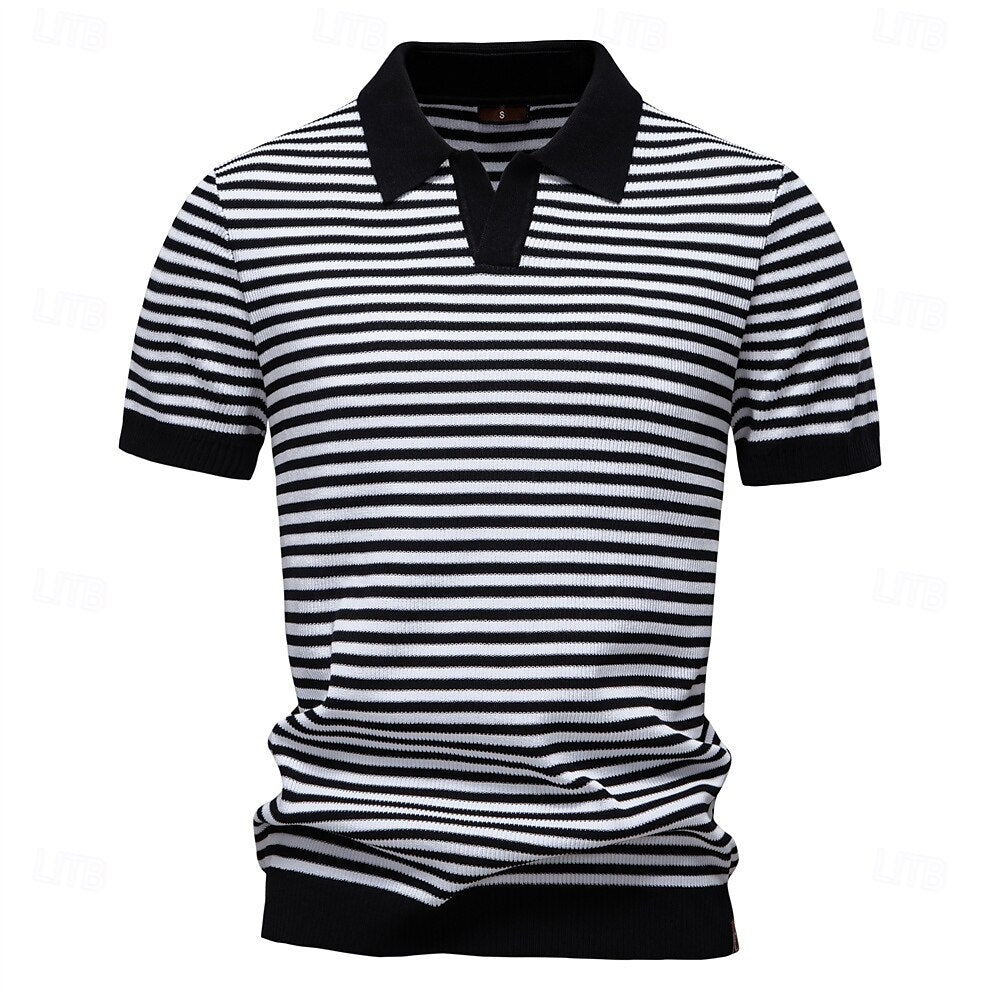 Klassisk Passform Randig Textur Stickad Polo T-shirt