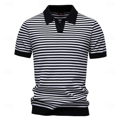 Klassisk Passform Randig Textur Stickad Polo T-shirt
