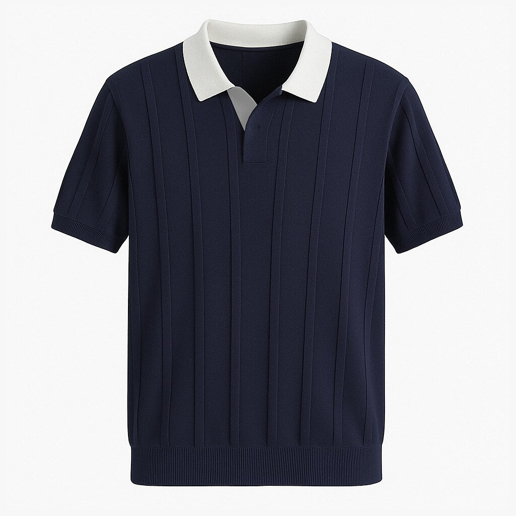 Vertikal Ribbad Stickad Polo T-shirt
