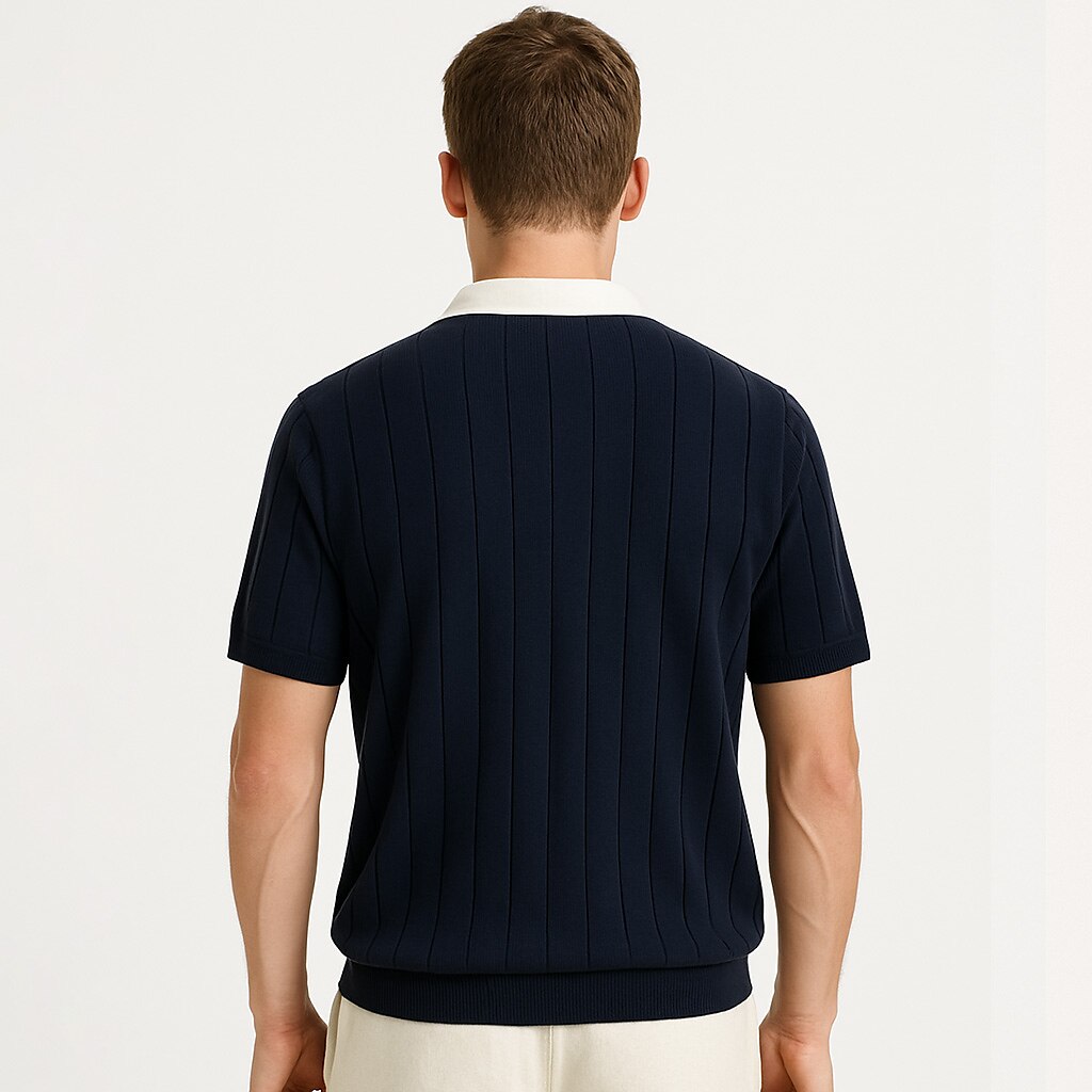 Vertikal Ribbad Stickad Polo T-shirt