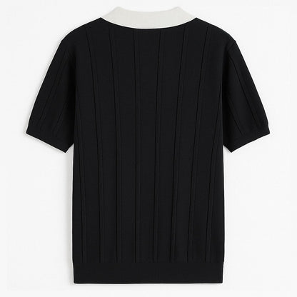 Vertikal Ribbad Stickad Polo T-shirt